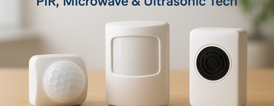 Three types of motion sensors—PIR, microwave, and ultrasonic—arranged on a wooden surface.