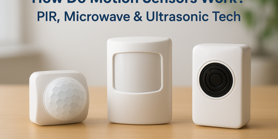 Three types of motion sensors—PIR, microwave, and ultrasonic—arranged on a wooden surface.