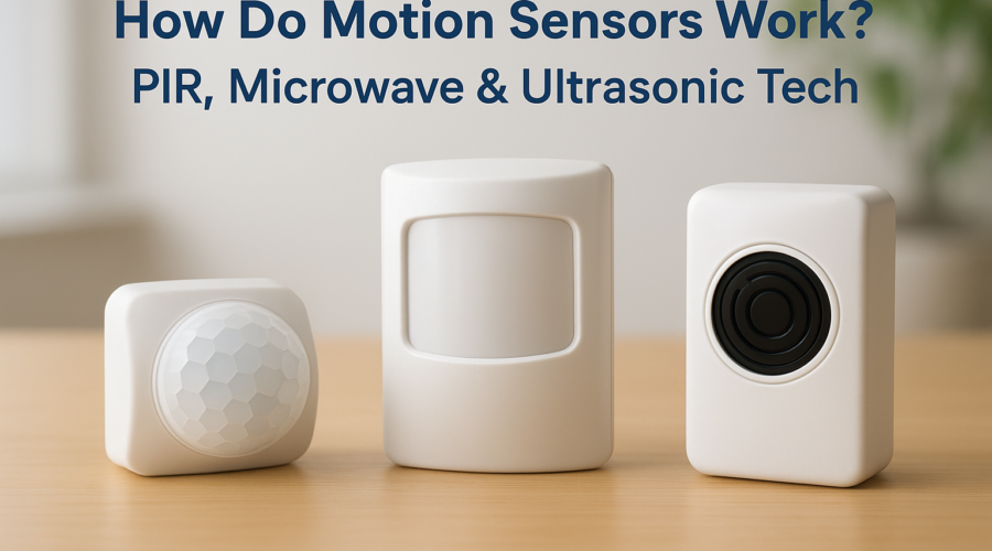 Three types of motion sensors—PIR, microwave, and ultrasonic—arranged on a wooden surface.