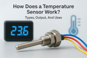 Close-up of a temperature sensor displaying 23.6°C, illustrating its function and digital output.
