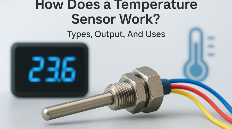 Close-up of a temperature sensor displaying 23.6°C, illustrating its function and digital output.