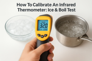 Infrared thermometer aimed at cup of ice water and steaming kettle to perform ice and boil calibration test