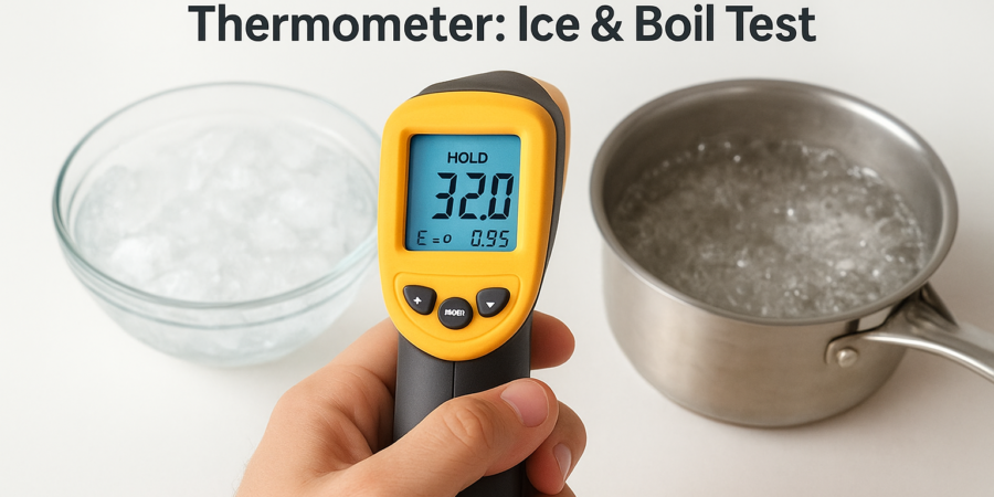 Infrared thermometer aimed at cup of ice water and steaming kettle to perform ice and boil calibration test
