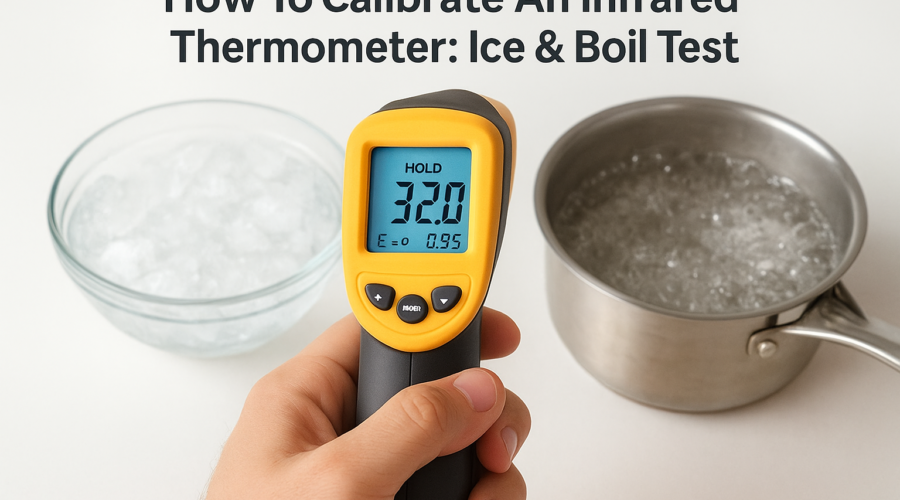 Infrared thermometer aimed at cup of ice water and steaming kettle to perform ice and boil calibration test