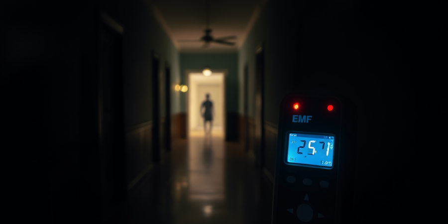 Digital EMF meter measuring electromagnetic fields in a dark hallway with a silhouetted figure.