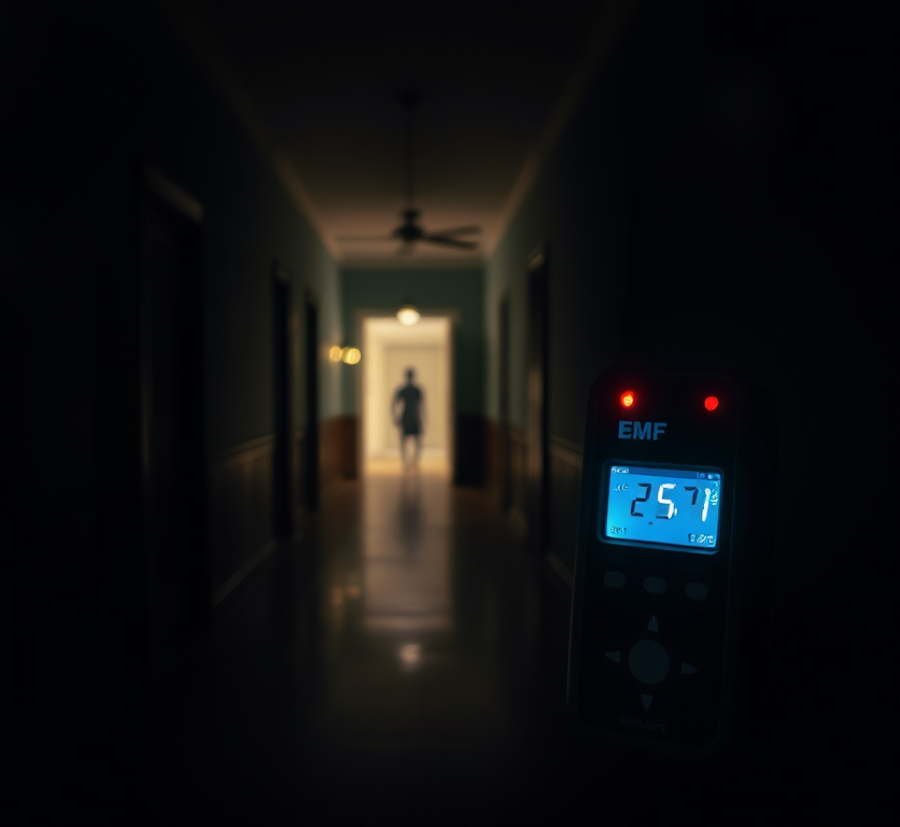 Digital EMF meter glowing in a dark hallway, measuring fields as a silhouetted figure stands in background