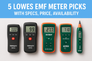 Five EMF meters displayed with specs, prices, and availability labels, representing top Lowes picks
