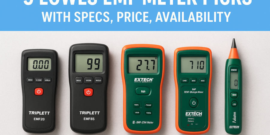 Five EMF meters displayed with specs, prices, and availability labels, representing top Lowes picks