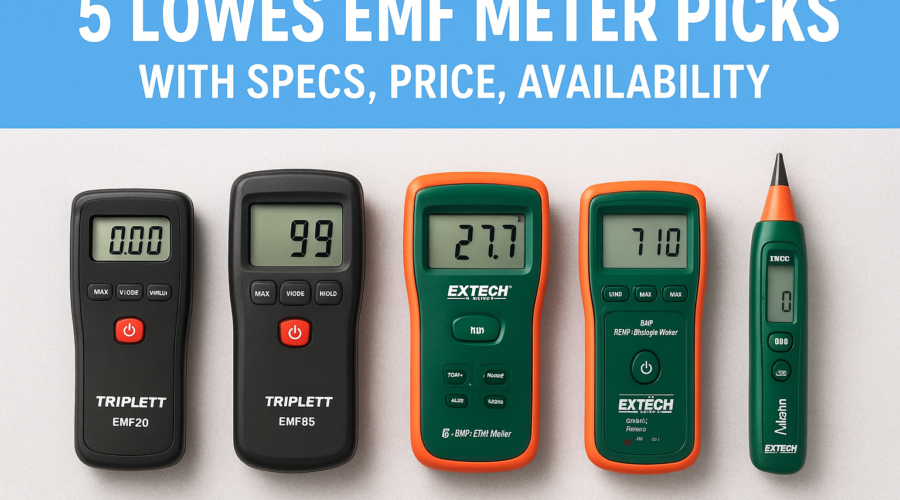 Five EMF meters displayed with specs, prices, and availability labels, representing top Lowes picks