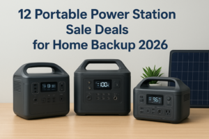 Twelve portable power stations displayed, showcasing sale deals for home backup in 2026.