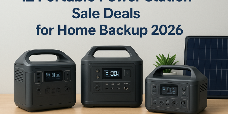 Twelve portable power stations displayed, showcasing sale deals for home backup in 2026.