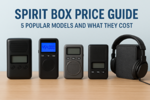 Image of a spirit box price guide showcasing five popular models and their costs on a wooden surface.