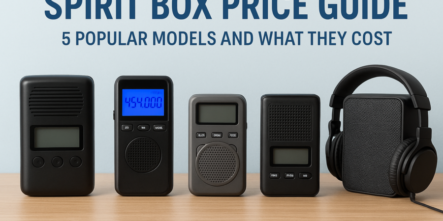 Image of a spirit box price guide showcasing five popular models and their costs on a wooden surface.