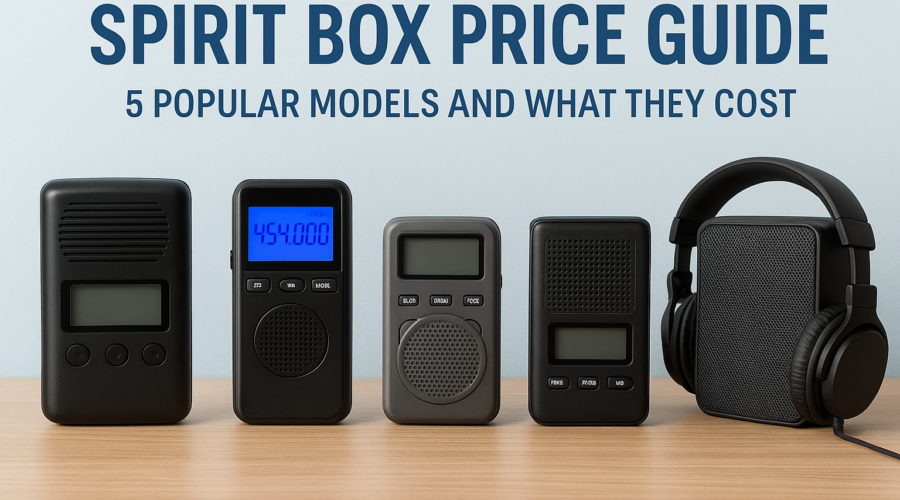 Image of a spirit box price guide showcasing five popular models and their costs on a wooden surface.
