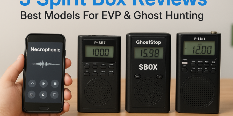 Five spirit box devices displayed on a table for EVP and ghost hunting review.