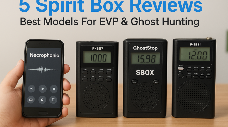 Five spirit box devices displayed on a table for EVP and ghost hunting review.