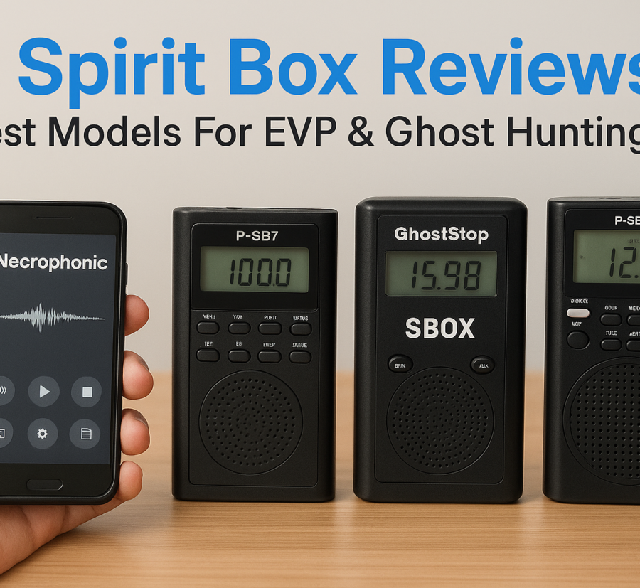 Five spirit box devices displayed on a table for EVP and ghost hunting review.