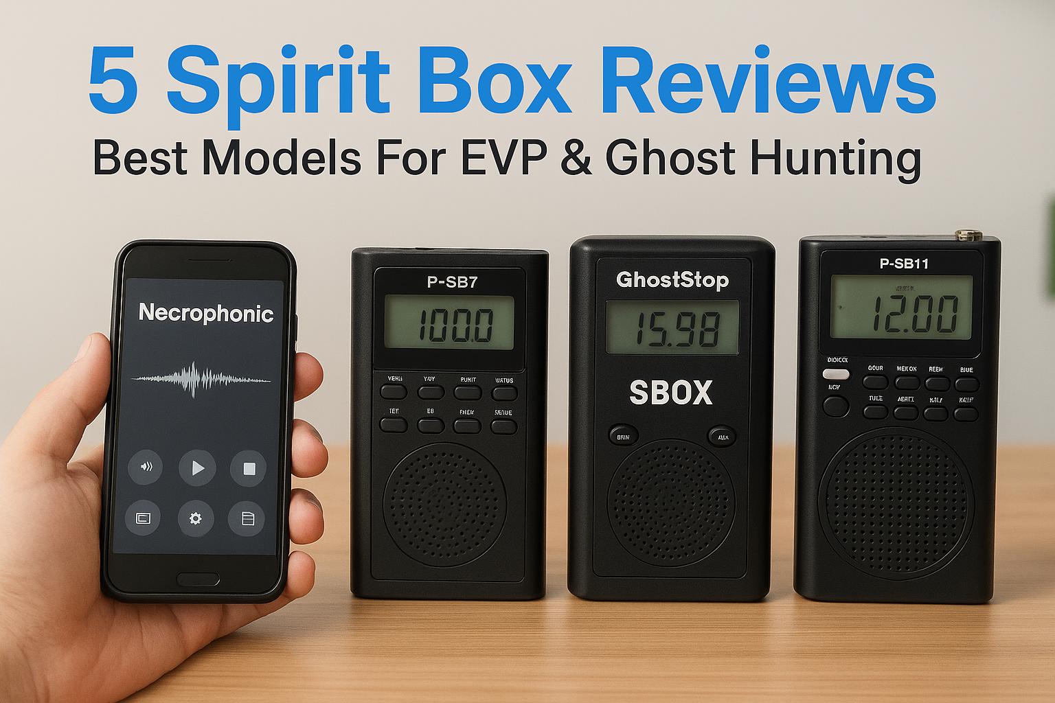 Five Spirit Box Devices on Table Five spirit box devices displayed on a table for EVP and ghost hunting review.