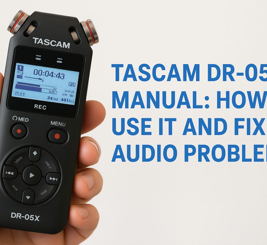 TASCAM DR-05X audio recorder manual with troubleshooting tips on a table.