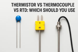 Comparison chart of thermistor, thermocouple, and RTD temperature sensors and recommended use cases