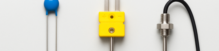 Comparison chart of thermistor, thermocouple, and RTD temperature sensors and recommended use cases