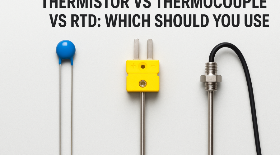 Comparison chart of thermistor, thermocouple, and RTD temperature sensors and recommended use cases