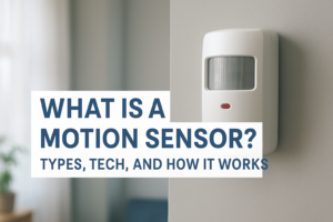 Wall-mounted motion sensor next to text explaining its types, technology, and how it works.