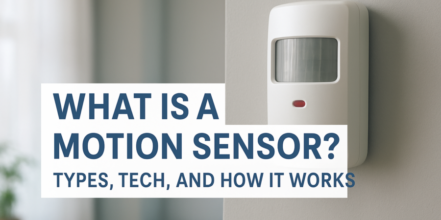 Wall-mounted motion sensor next to text explaining its types, technology, and how it works.