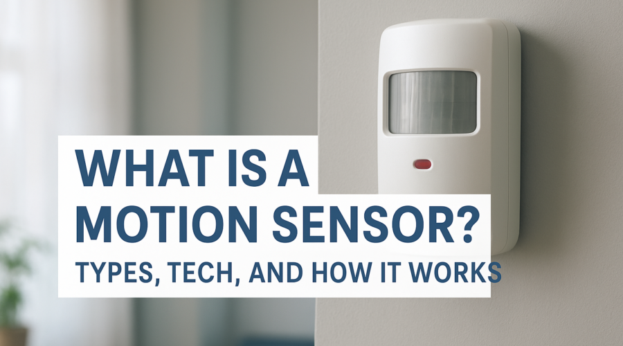 Wall-mounted motion sensor next to text explaining its types, technology, and how it works.