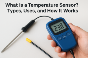 Handheld digital temperature sensor measuring 23.8°C with a probe in addition to a display screen.