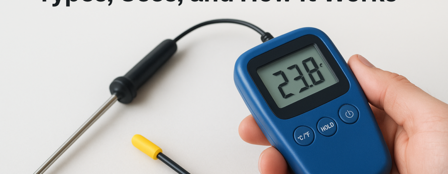 Handheld digital temperature sensor measuring 23.8°C with a probe in addition to a display screen.