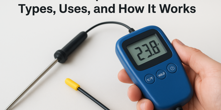 Handheld digital temperature sensor measuring 23.8°C with a probe in addition to a display screen.