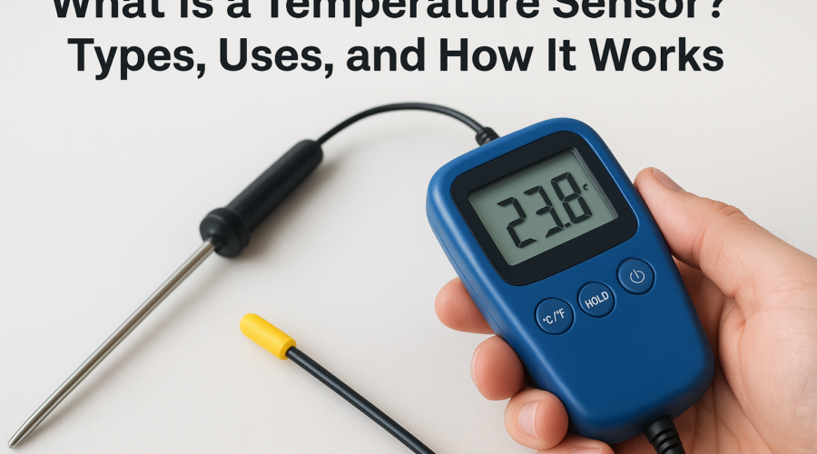 Handheld digital temperature sensor measuring 23.8°C with a probe in addition to a display screen.