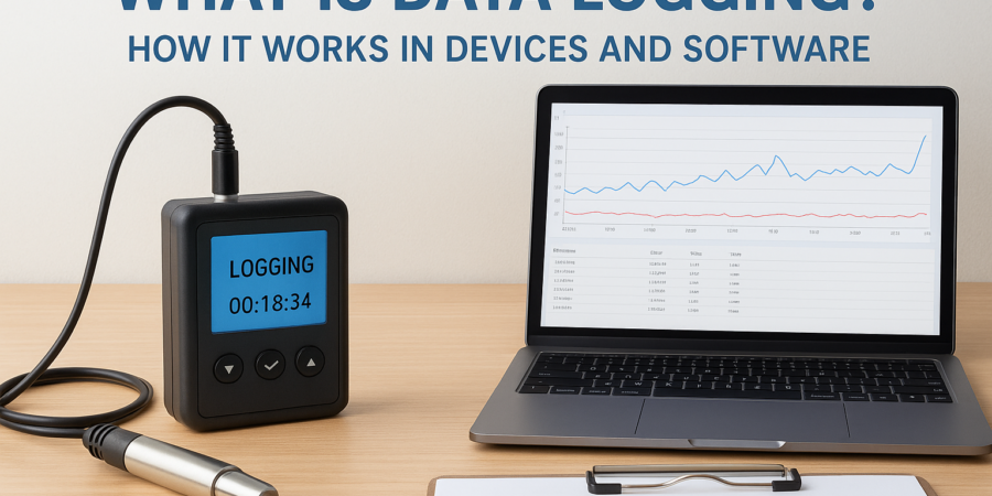 Illustration of data logging process with a digital logger, laptop graphs, and documents on a desk.