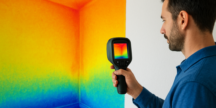 Man analyzing heat loss in a room with a thermal imaging camera.