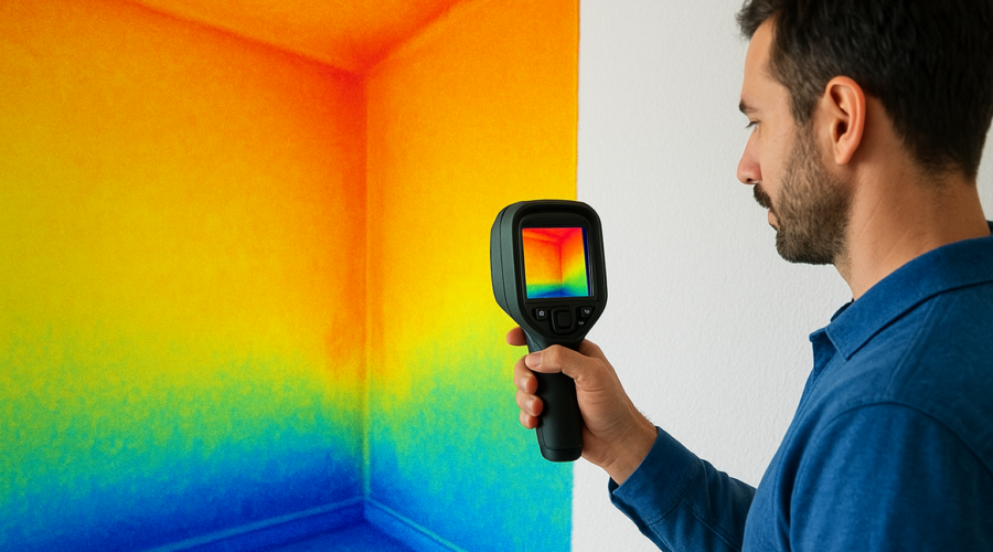 Man analyzing heat loss in a room with a thermal imaging camera.