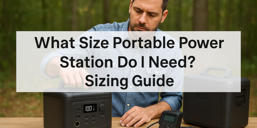 Man outdoors using portable power stations with Sizing Guide text overlay