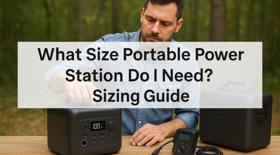 Man outdoors using portable power stations with Sizing Guide text overlay