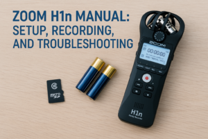 Zoom H1n portable audio recorder with batteries and microSD card for setup and troubleshooting.