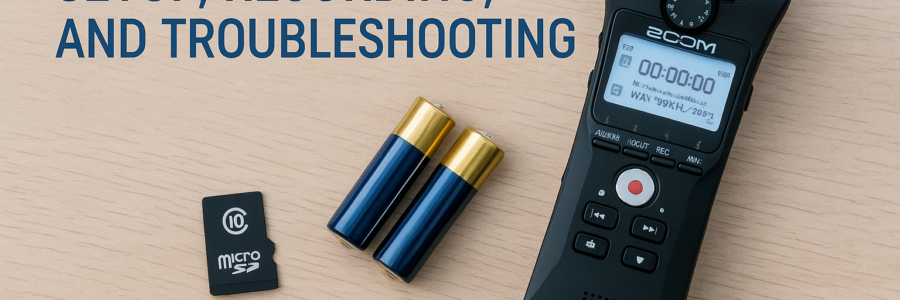 Zoom H1n portable audio recorder with batteries and microSD card for setup and troubleshooting.