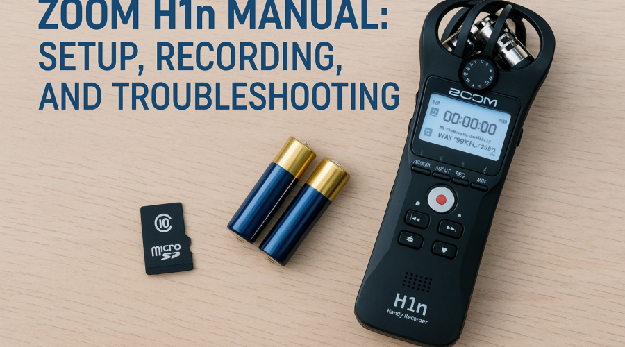 Zoom H1n portable audio recorder with batteries and microSD card for setup and troubleshooting.