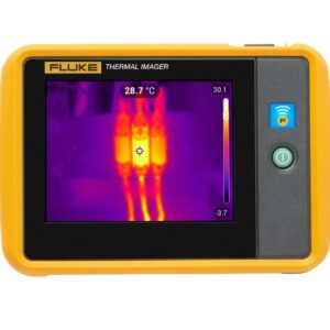 Fluke PTi120 pocket thermal imager showing heat signatures on its screen