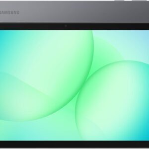 Samsung Galaxy Tab A11+ gray tablet with slim design, large vibrant display, and Dolby Atmos speakers shown front and back.