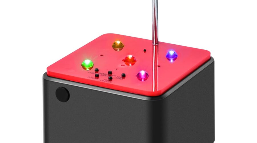 Compact black and red Bluetooth speaker with colorful LED lights and an antenna