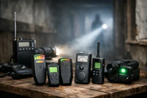 Ghost hunting equipment including EMF meters, digital voice recorders, and night vision devices on a wooden table