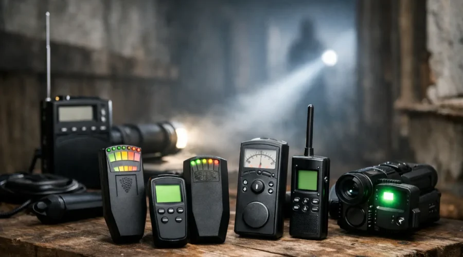 Ghost hunting equipment including EMF meters, digital voice recorders, and night vision devices on a wooden table