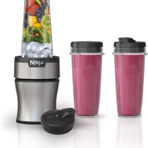 Ninja BN301 Nutri-Blender Plus Compact Personal Blender, 900-Peak-Watt Motor, Frozen Drinks, Smoothies, Sauces & More, (3) 20 oz. To-Go Cups, (2) Spout-Lids (1) Storage-Lid, Dishwasher Safe, Silver