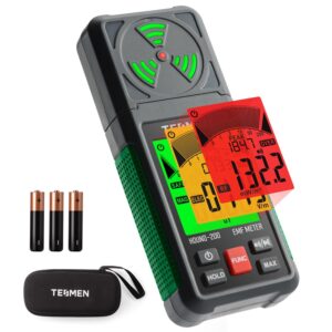 Digital EMF meter with LCD display, batteries, and carrying case for field detection