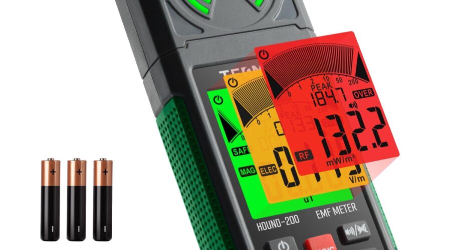 TESMEN Hound-200 EMF meter with LCD display, three AAA batteries and storage case