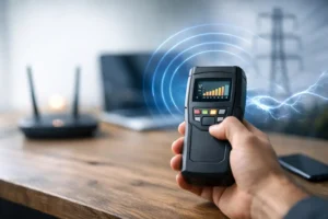 Hand holding an EMF meter close to a wireless router, measuring electromagnetic radiation levels.